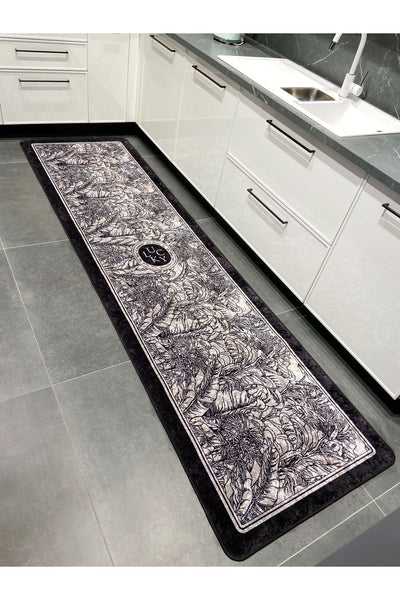 Floral Lucky Pattern Latex Leather-Backed Kitchen Rug BLACK-GRAY