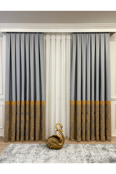 Gray Shawl Pattern 1/3 TIGHT PLEAT Jacquard Woven Blackout Curtain