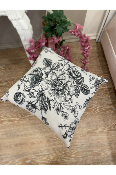 Çiçek Desenli Keten Görünümlü Kırlent Yastık Kılıfı Gül Kurusu 45x45