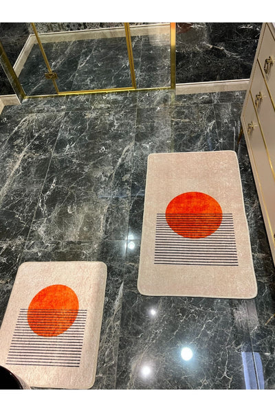 2' Li Tablo Desenli Yıkanabilir Banyo Paspas Takımı (60x100 - 60x50) - Turuncu-bej
