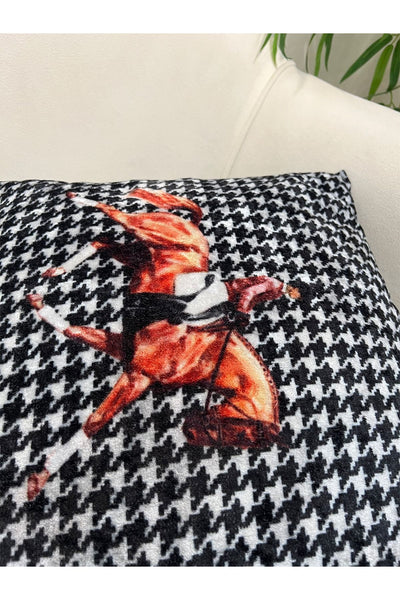 %100 Velvet Horse Print Cushion Cover (Black-White)