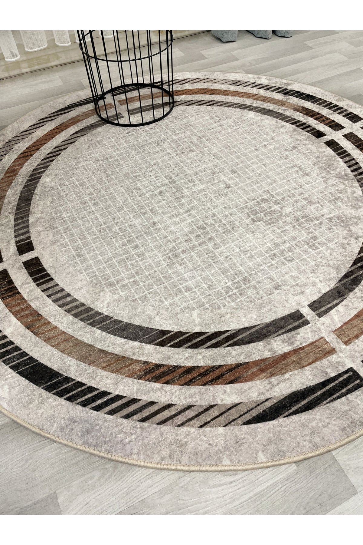 BEIGE Striped Bordered Non-Slip Base Framed Rug