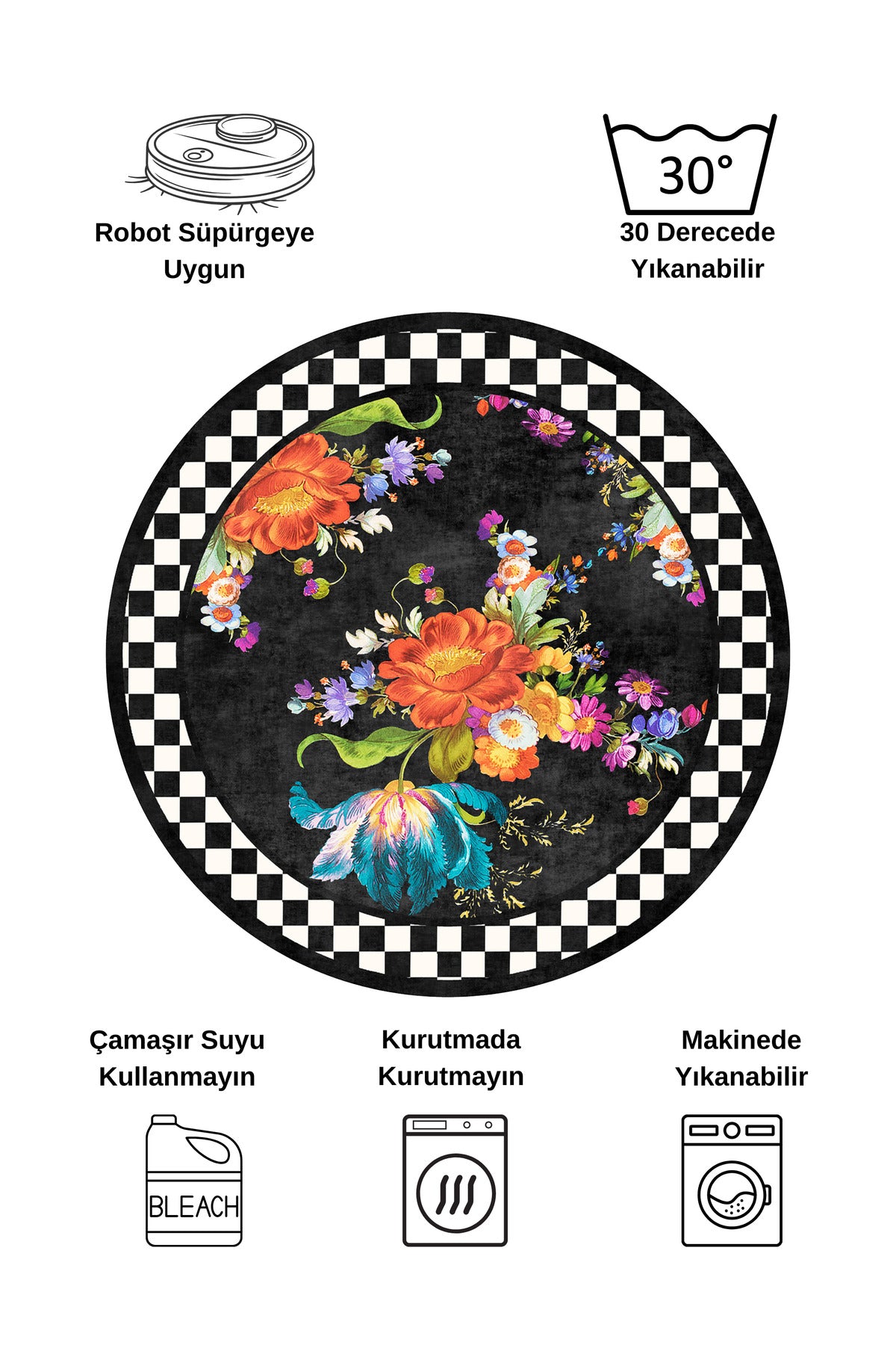 Gray Floral Checkered Round Latex Base Fringeless Rug