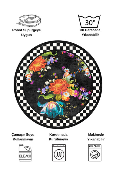 Gray Floral Checkered Round Latex Base Fringeless Rug