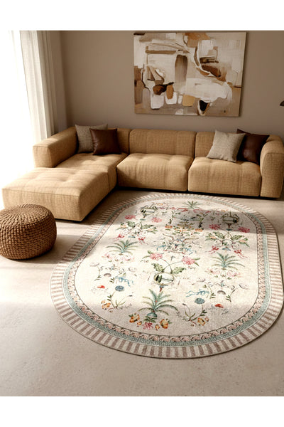 Beige Floral Bird Patterned Latex Leather Base Rug