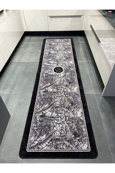 Floral Lucky Pattern Latex Leather-Backed Kitchen Rug BLACK-GRAY