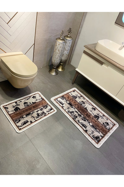 2 li Kahverengi 60x100 - 60x50 Country Desenli Lateks Taban Banyo Paspas