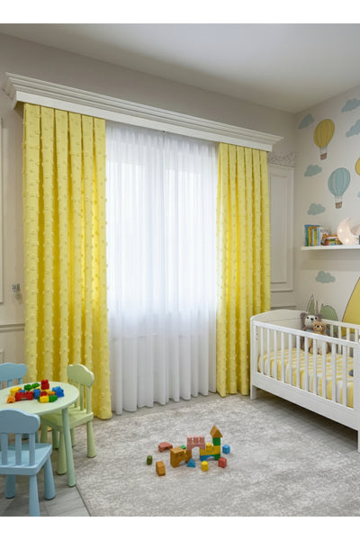 Blue Children's Room Pompom Puffy Blackout Curtain 1/3 Dense Pleating