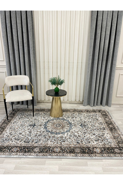 GRAY Traditional Motif FRINGED Classic Non-Slip Base Rug