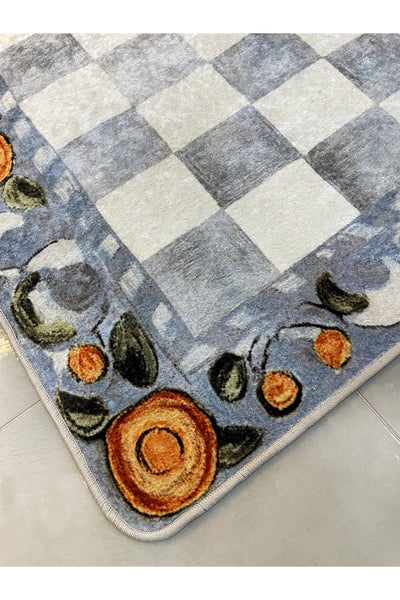 Beige Orange Checkered Pattern Non-Slip Base Kitchen Rug