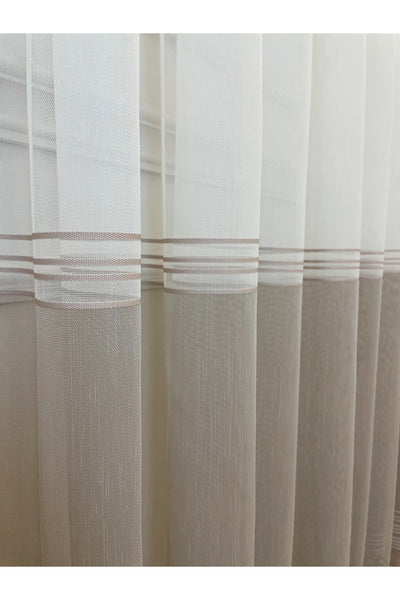 Modern Geçişli 1/2,5 Pile - Ekru Kahvrengi / Pudra Çizgili Tül Perde