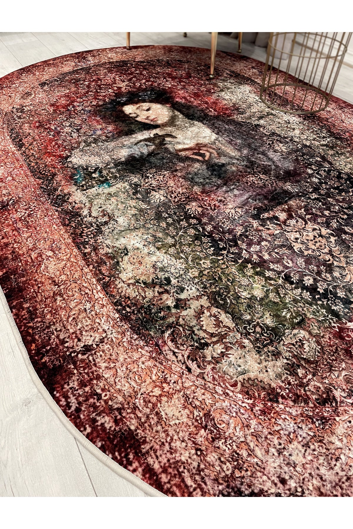 Brown-Red Distressed Vintage Ethnic Patterned Oval Latex Base Rug