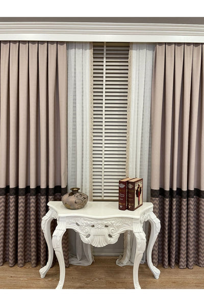 Jacquard 1/3 Dense Pleat Zigzag Striped Panel Print Blackout Curtain - Beige - Brown
