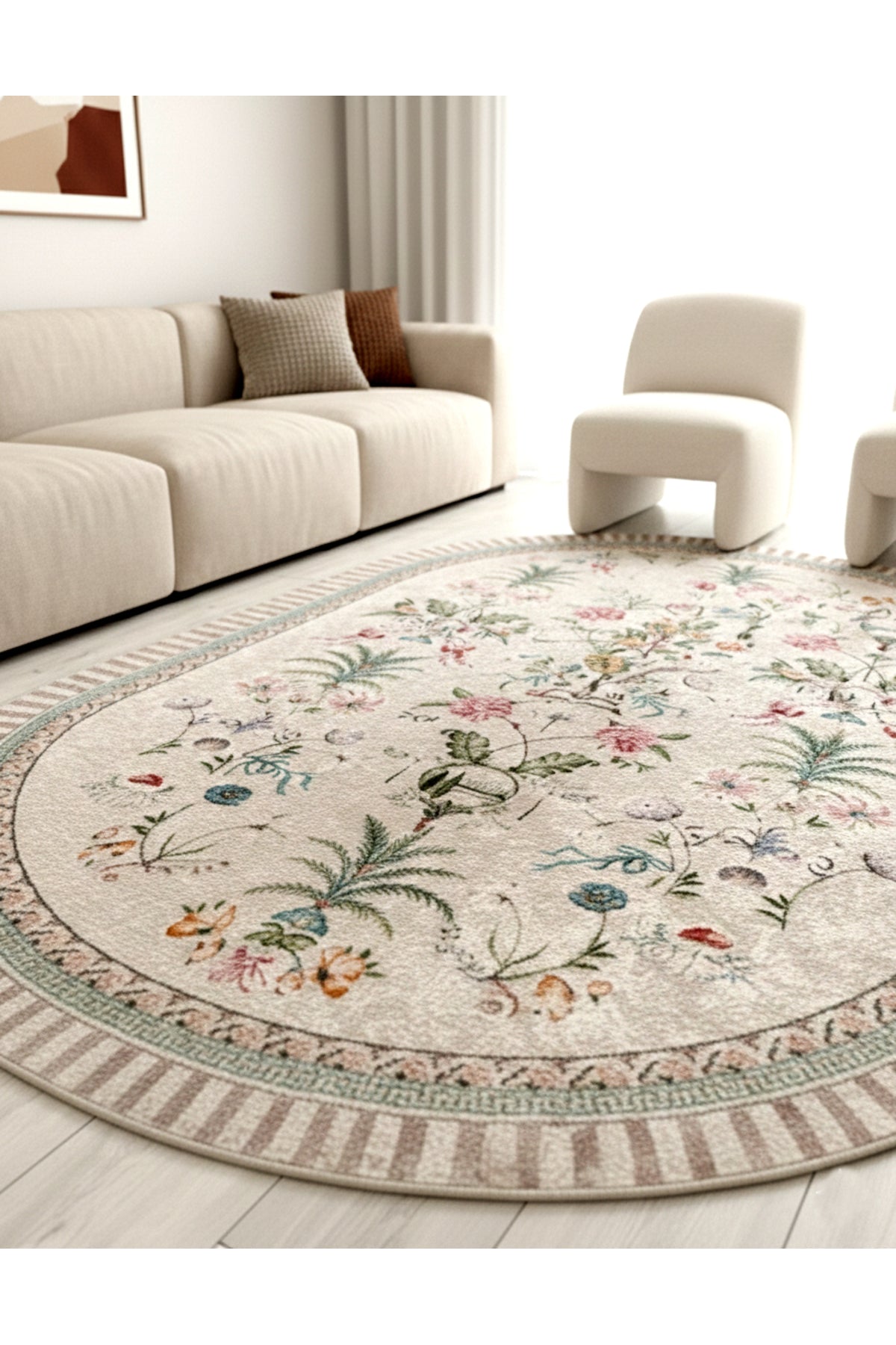 Beige Floral Bird Patterned Latex Leather Base Rug