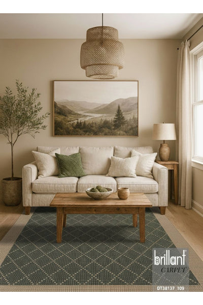 GREEN-BROWN Jute Sisal Look Bordered Non-Slip Base Runner Rug