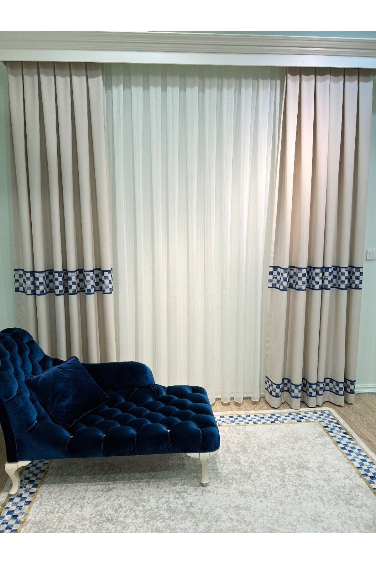 1/3 Dense Pleated Checkered Curtain Panel - Beige-Blue