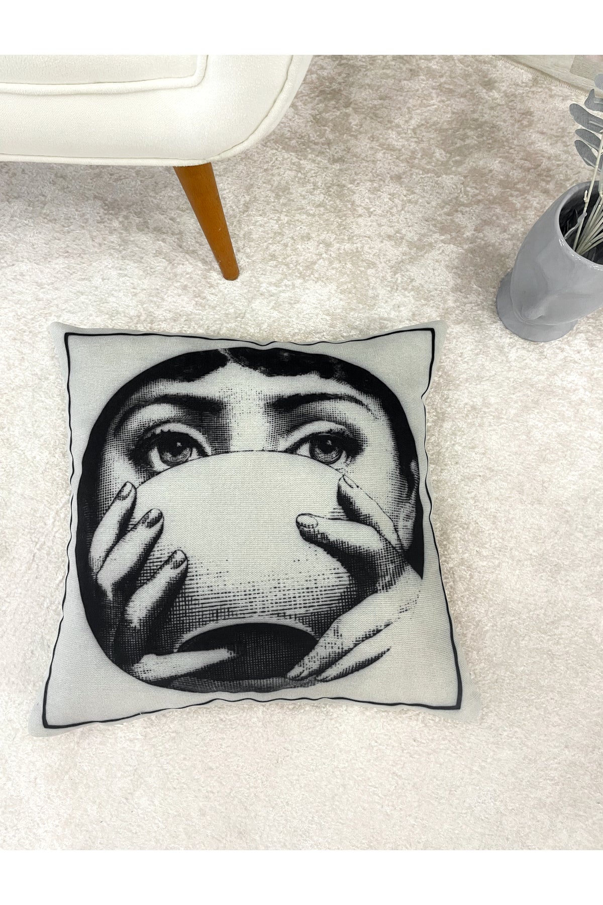 Light Gray Fornasetti Lina Cavalieri Face-Themed Throw Pillow Cover 45x45