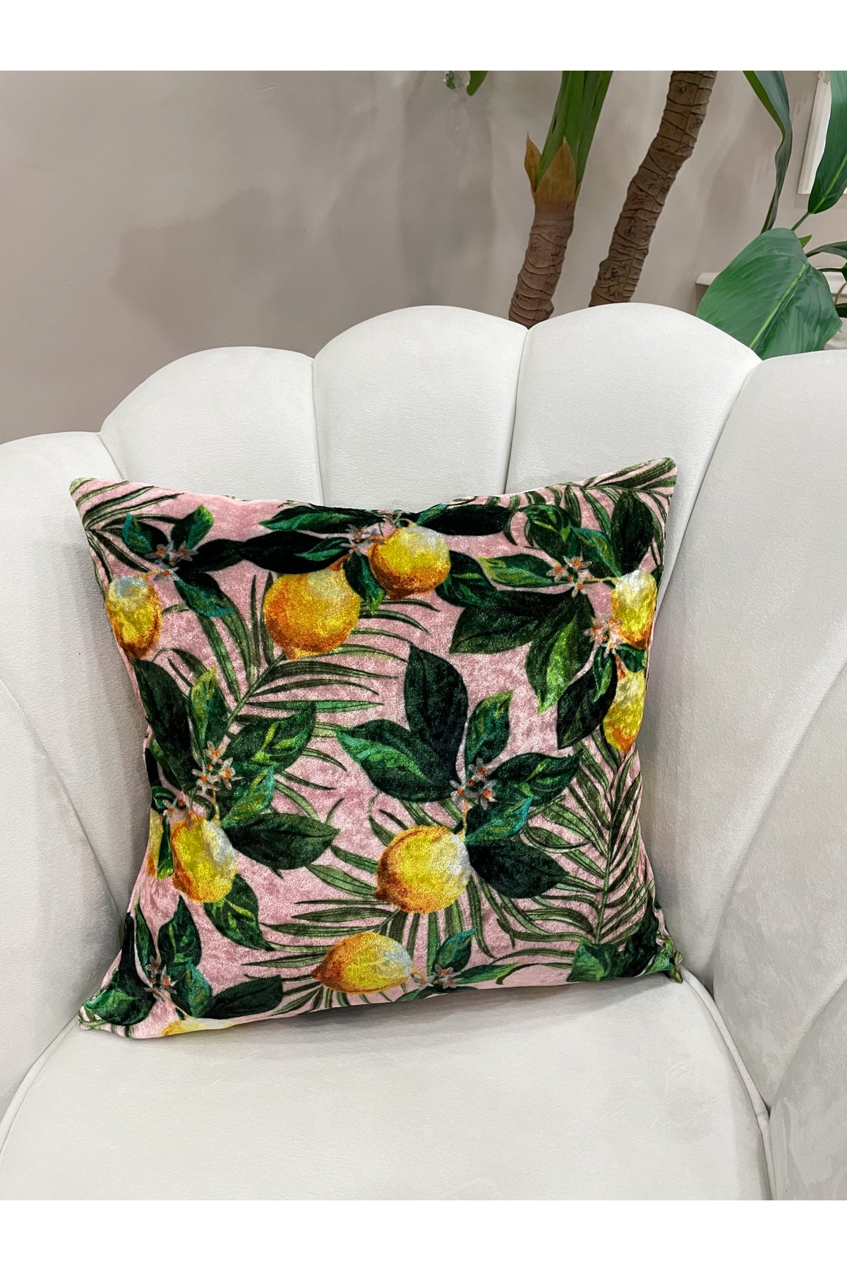 Set of 2 Lemon Pattern Velvet Cushion Pillow Cover (Pink)