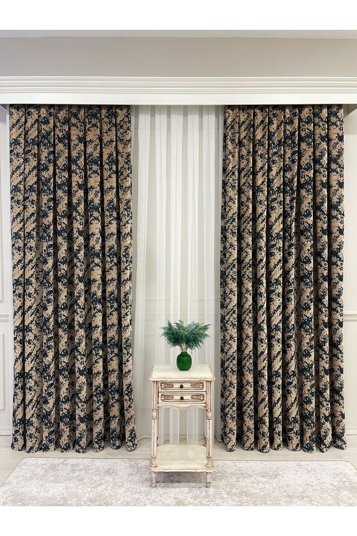 Brown-Navy Blue Chenille Pattern Jacquard 1/3 Dense Pleated Jacquard Blackout Curtain