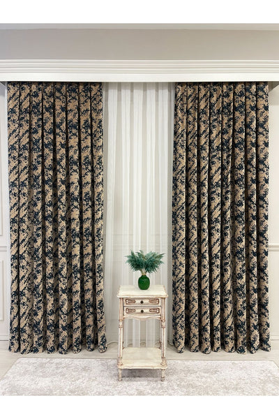 Brown-Navy Blue Chenille Pattern Jacquard 1/3 Dense Pleated Jacquard Blackout Curtain