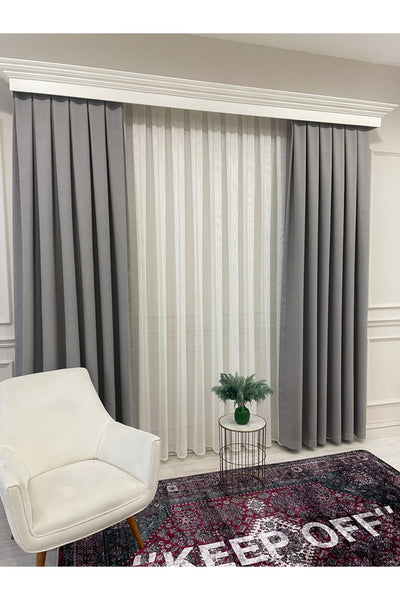 Stone Grey 1/3 Tight Pleat Linen-Look Blackout Curtain