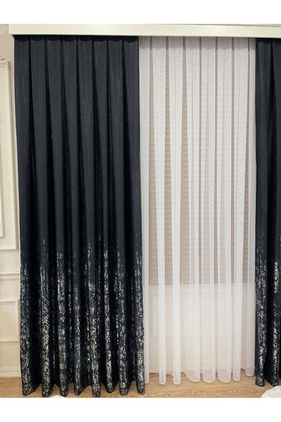 Jacquard Ground Foil Print 1/3 Dense Pleat Blackout Curtain - Beige - Gold Foil