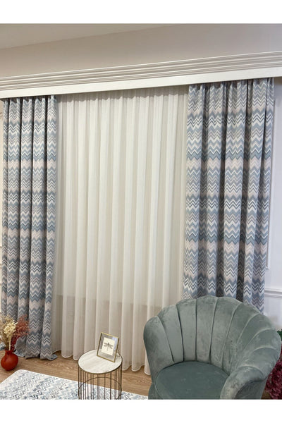 Zigzag Patterned No-Pleat Flat Stitch Extra-Tape Blackout Curtain