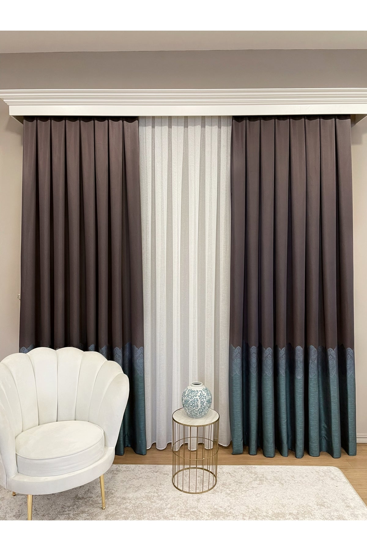 Brown Gold - Damask Patterned 1/3 Dense Pleated Blackout Curtain