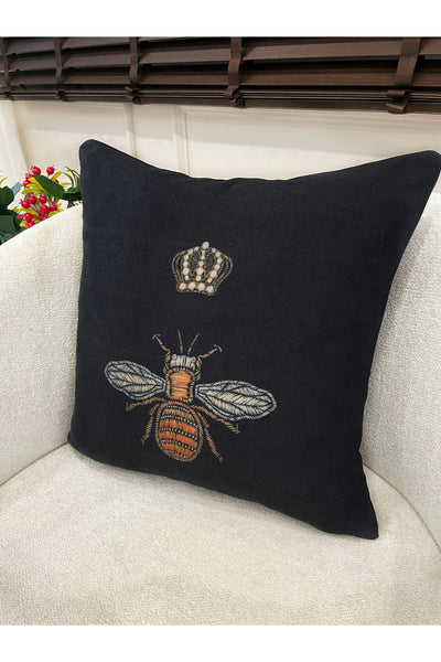 Queen Bee Embroidery Look Woven Fabric Throw Pillow Cover 45x45
