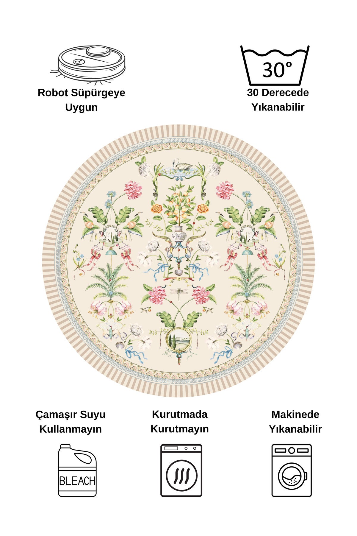 Beige Floral Bird Patterned Latex Leather Base Round Rug