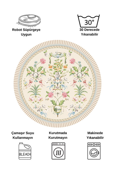 Beige Floral Bird Patterned Latex Leather Base Round Rug