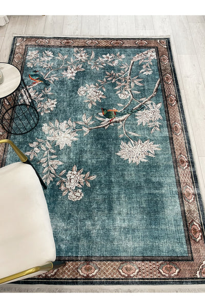 Soft Blue Bird Pattern Bordered Non-Slip Rug