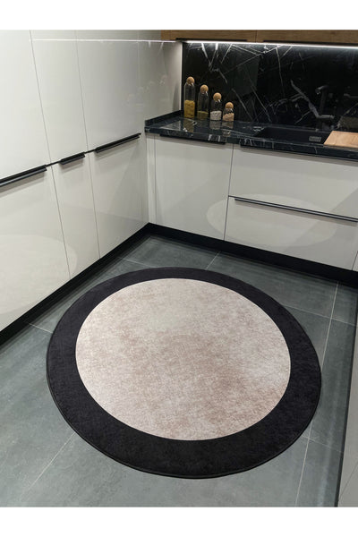 Geometric Striped Latex Leather Backing Fringeless Kitchen Rug - Beige-Black