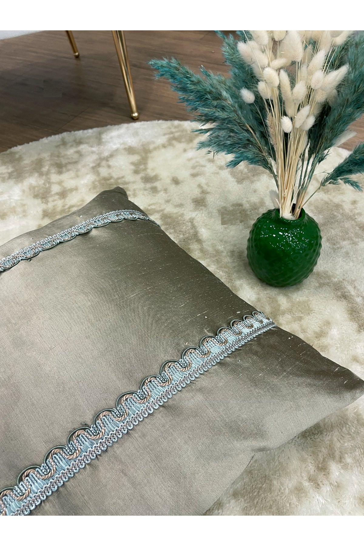 Imported Silk Cushion Pillow Cover with Cord (Oil Green)