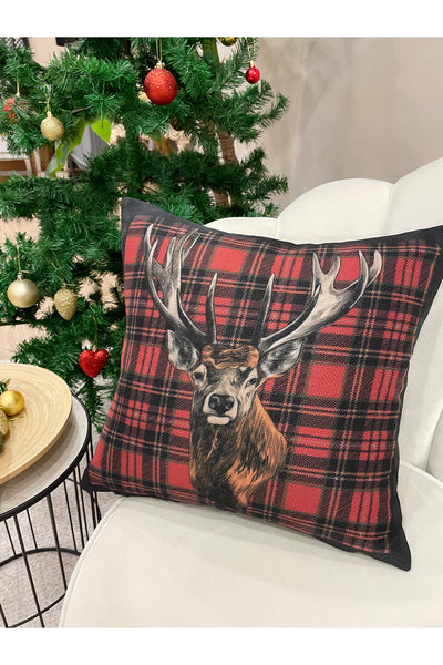 Christmas Reindeer Print Linen-Look Plaid Cushion Cover