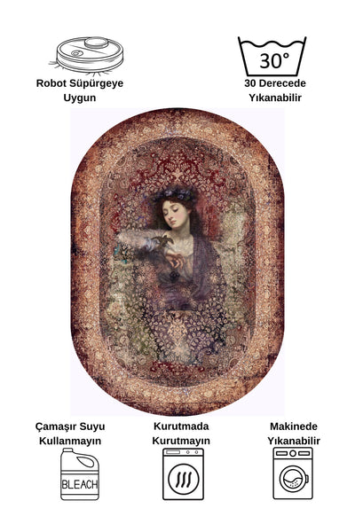 Brown-Red Distressed Vintage Ethnic Patterned Oval Latex Base Rug