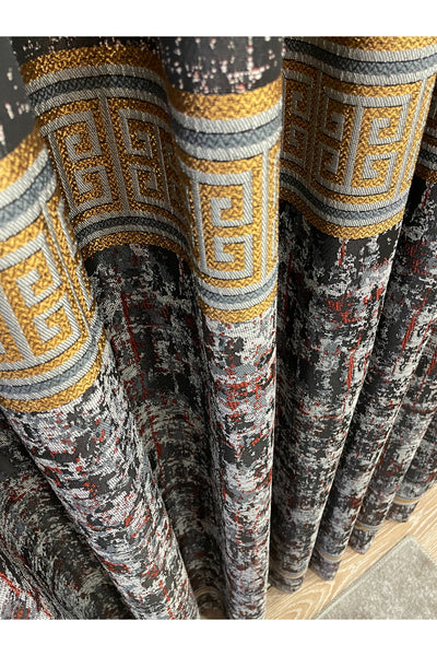 Gray Anthracite Bordered Pattern 1/3 Tight Pleat Jacquard Woven Blackout Curtain