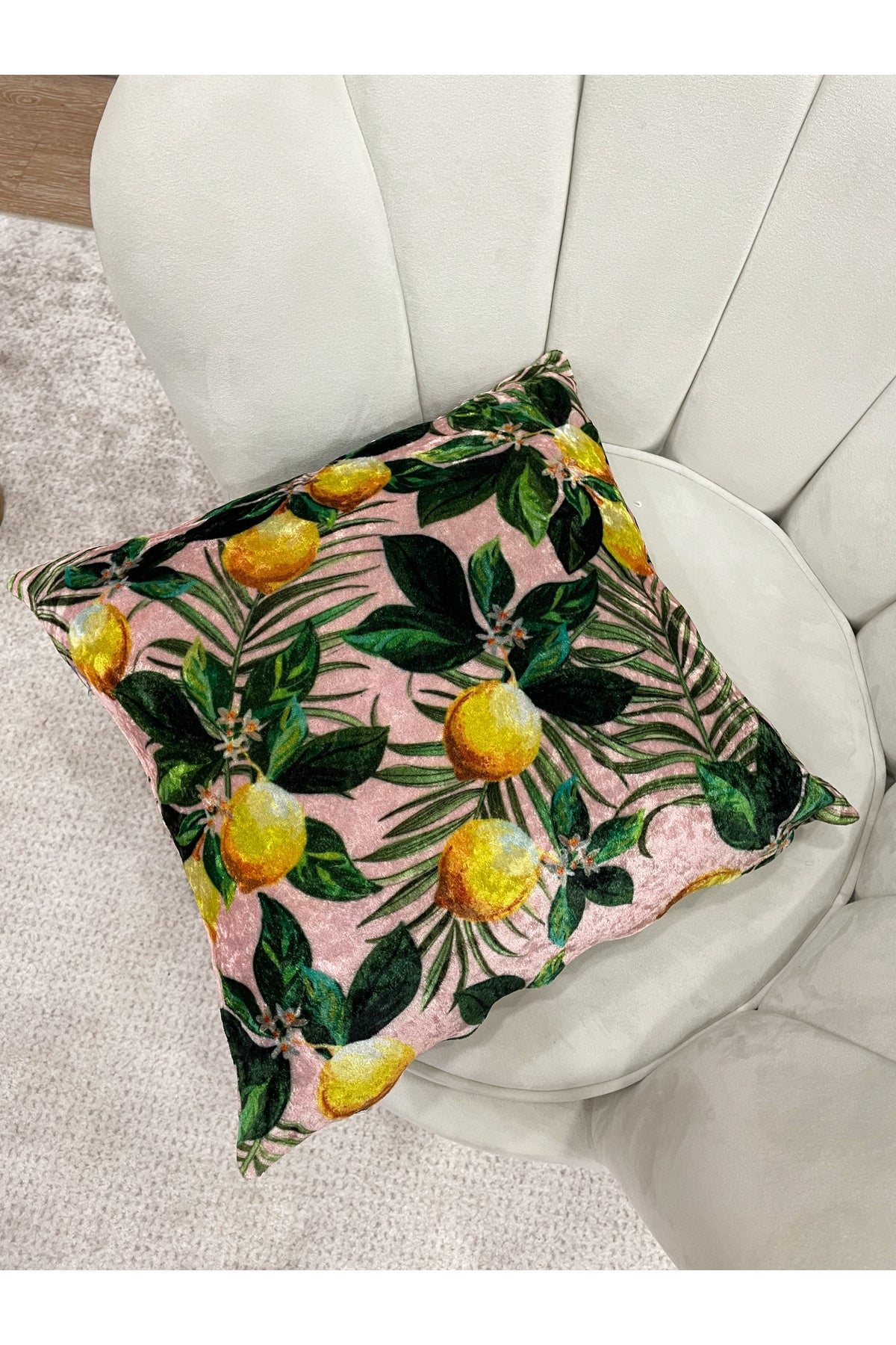 Set of 2 Lemon Pattern Velvet Cushion Pillow Cover (Pink)