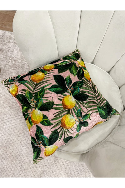 Set of 2 Lemon Pattern Velvet Cushion Pillow Cover (Pink)