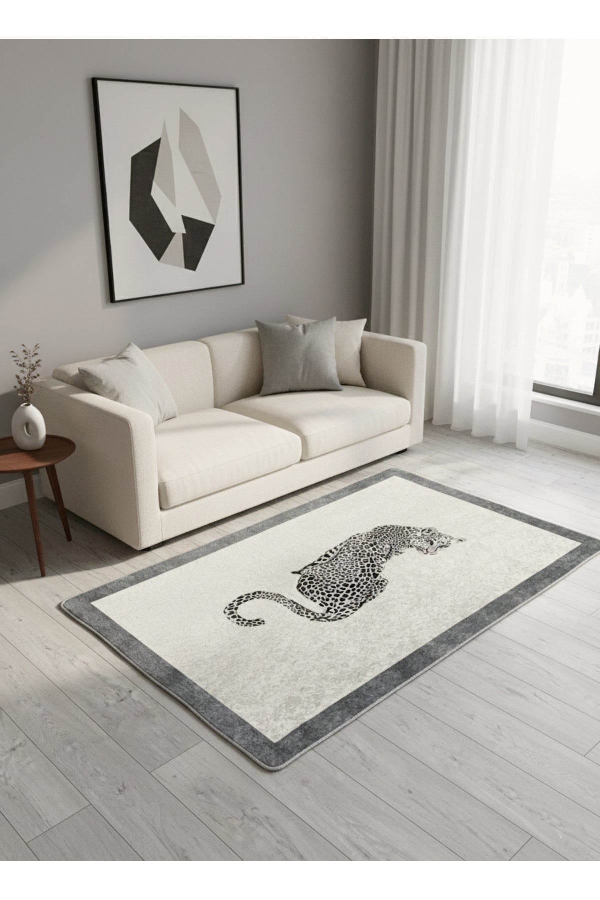 Leopard Pattern Cream Gray Border Latex Leather Base Rug
