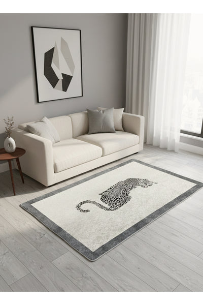 Leopard Pattern Cream Gray Border Latex Leather Base Rug