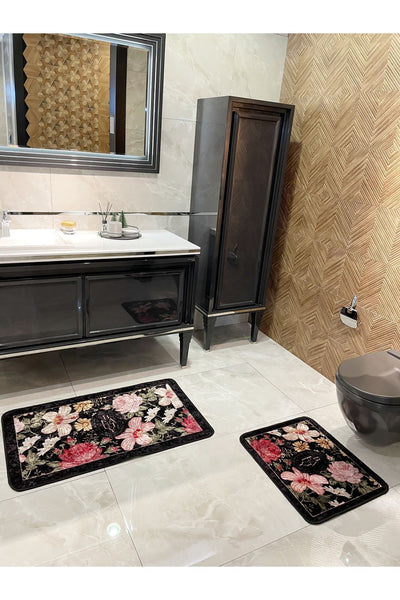 2-Piece Floral Pattern 60x100 - 60x50 Beauty Latex-Backed Bath Mat Set