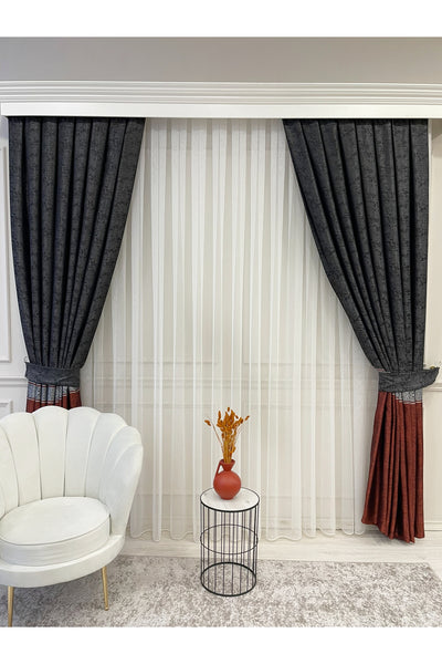 Brown 1/3 Dense Pleated Bordered Pattern Soft-Textured Jacquard Blackout Curtain