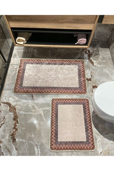 Mint Green - Zigzag Patterned Leather Base 2-Piece Bath Mat Set (60x100 - 60x50)