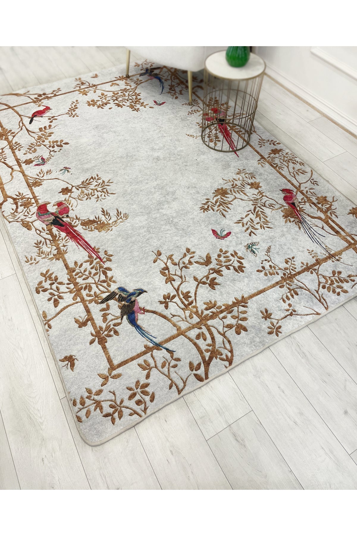 GRAY - Embroidery Look Bird Print Latex Base Runner Rug