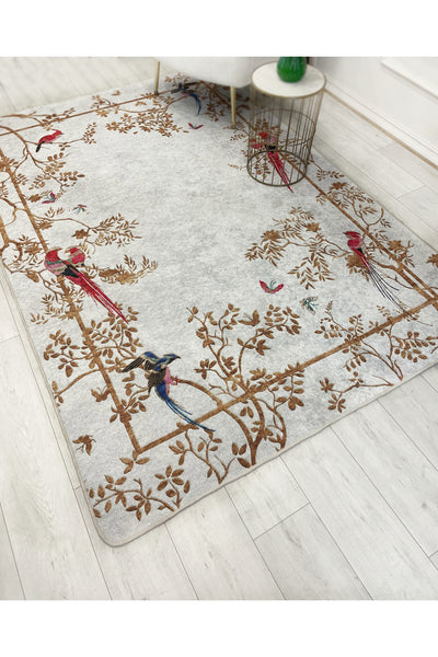 GRAY - Embroidery Look Bird Print Latex Base Runner Rug