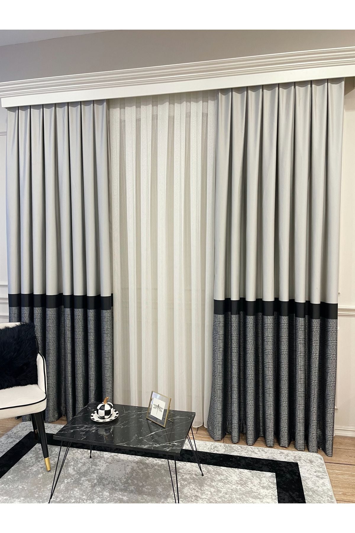 Panel Pattern Jacquard 1/3 Dense Pleat Blackout Curtain - Bottom: Mustard-Navy / Top: Gray