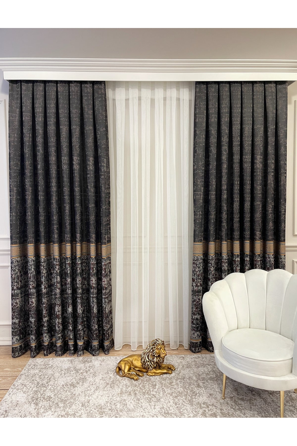 Gray Anthracite Bordered Pattern 1/3 Tight Pleat Jacquard Woven Blackout Curtain