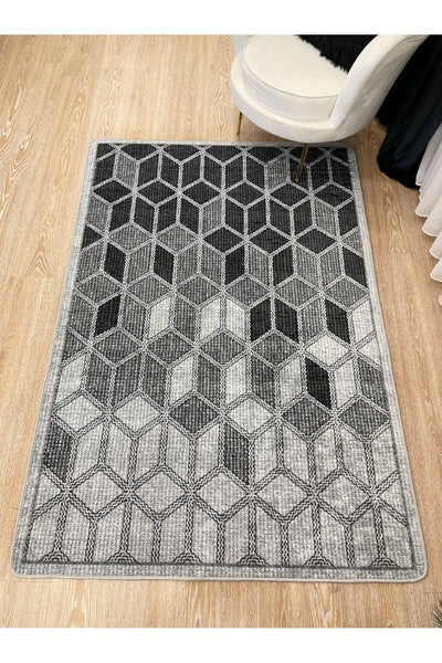 Geometrik Motifli 3 Boyutlu Lateks Taban Halı - Gri Renk
