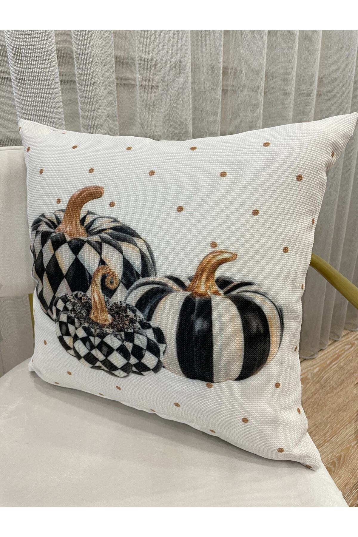Balkabağı Desenli Keten Görünümlü Kırlent Yastık Kılıfı (EKRU-SİYAH) 45x45